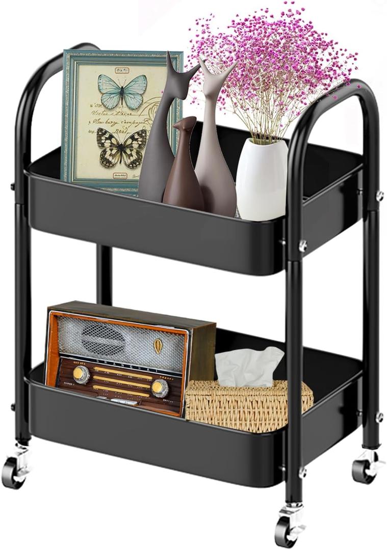 Melody House 2 Tier All-Metal Rolling Storage Cart with Handle and Locking Wheels - Kitchen, Laundry, Office, Bathroom Organizer, Black