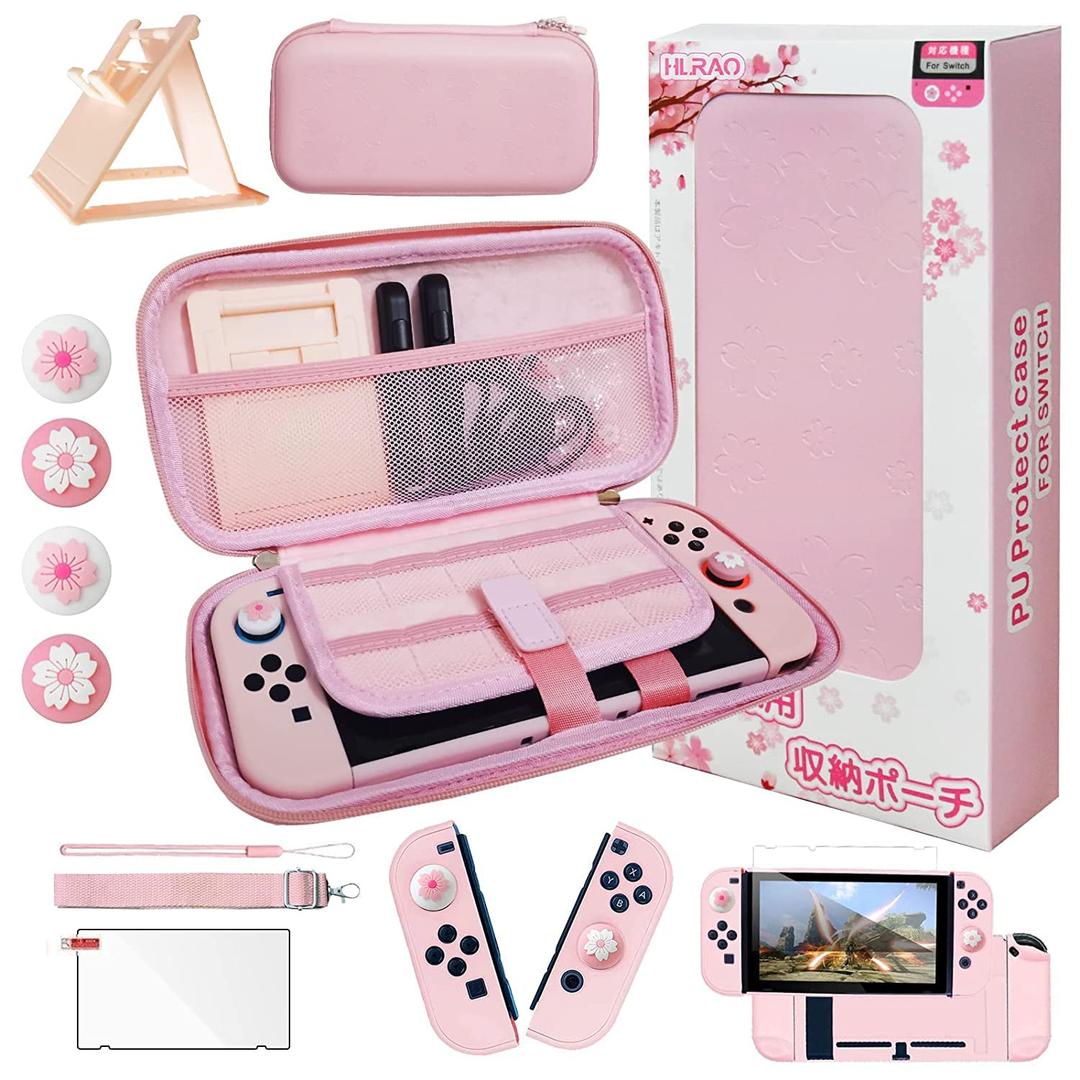 Pink Travel Carrying Case Accessories Kit Compatible with Nintendo Switch (NOT Fit OLED/Lite).Pink Switch Hard Protective Cover,Adjustable Stand,Screen Protector & Cute Thumb Grips 10 in 1 Gift.