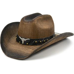 FLUFFY SENSE. Cowboy Hat for Women and Men - Straw Cattleman Crease Western Hats with Upgrade 4 inches Shapeable Wide Brim (Brown)