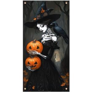 3 x Skeleton Witch Holding Pumpkins Door Cover Halloween Decorations 35x71 Inch Gothic Haunted House Banner for Scary Party Indoor Wall Backdrop