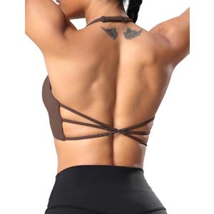 YEOREO Women's Sports Bra Halter Workout Sports Bra Strappy Criss Cross Back Bra Removable Padded Yoga Crop Top (Medium, Cocoa)