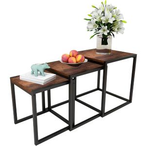 Nesting Table Set of 3 Side Tables, Modern Coffee Table Stacking End Table with Metal Frame Brown, 17.72"D x 17.72"W x 19.69"H
