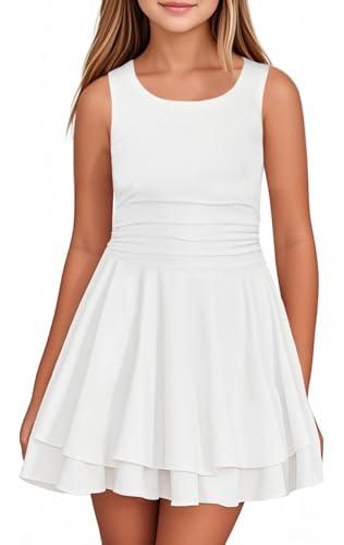 Bnycuml Girl's Summer Dress Crew Neck Sleeveless Ruffle A-Line Swing Dresses for(White,140) 5-6 Years