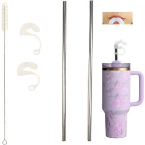 Anti Wrinkle Silicone Tipped Straw Set (Stainless Steel), Drinking Straw for Stanley 40 oz 30 oz Tumbler, Reusable Wrinkle Free Long Metal Straw for Lip with Cleaning Brush