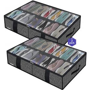 Onlyeasy 2 Pack Under Bed Shoe Storage Organizers with Handles & Clear window (Fit 14 +14 Pairs), Sturdy Underbed Box Organizer Shoe Storage Bags for Kids & Adults, Linen-like Black, MXAUBS14S14