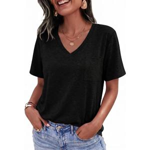Womens V Neck Tshirts Short Sleeve Loose Casual Summer Tops with Pokcet (Black, M)