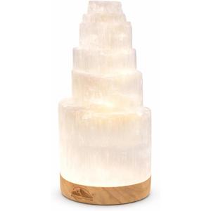 Himalayan Glow Selenite Crystal Lamp 20cm Large, Hand Curved Crystal Lamp with (ETL Certified) Wooden Base & USB Charging Cable for Home Dcor - White