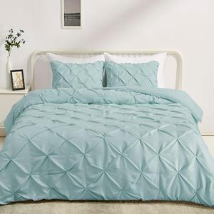 Amazon Basics 3-Piece Soft, Lightweight All-Season Down-Alternative Comforter Bedding Set, Pinch Pleat Design with Piped Edges, Full/Queen, Spa Blue