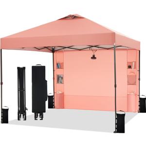 10'x10' Pop Up Canopy Tent with Sidewall and 6 Pockets, Patented One Push, 1 Person Easy Set up, Canopy with Vented Roof for Patio Beach Outdoor, Case, 8 Stakes, 4 Ropes, 4 Sandbags (Ocher)