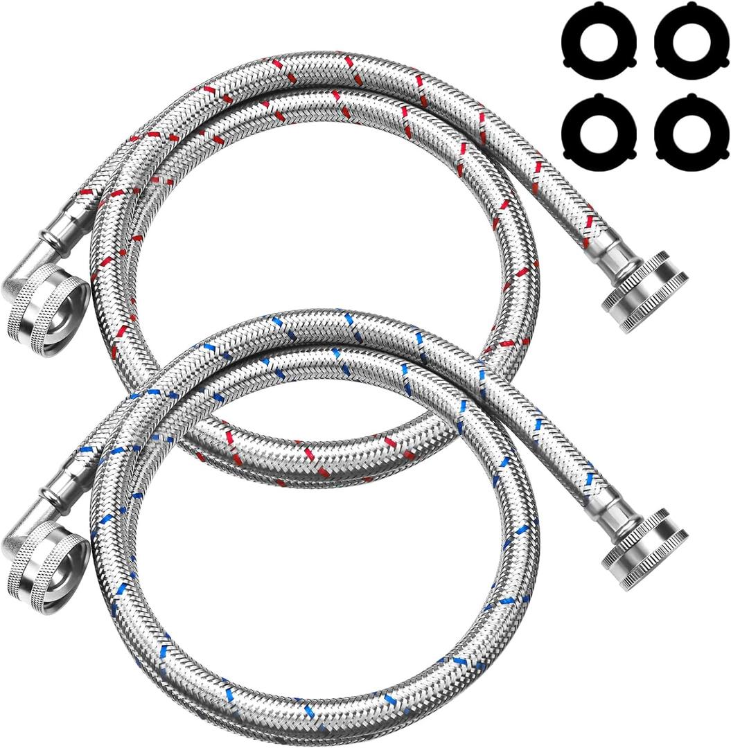 Upgraded 4Ft Stainless Steel Washer Hose with 90 Degree Elbow by Puxyblue for All Washers - 2 Pack Burst Proof Red and Blue Braided Hoses for Hot and Cold Water Supply