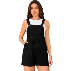 OYOANGLE Women's Maternity Button Sleeveless Drawstring High Waist Short Overall Casual Romper with Pocket (Medium, Black)