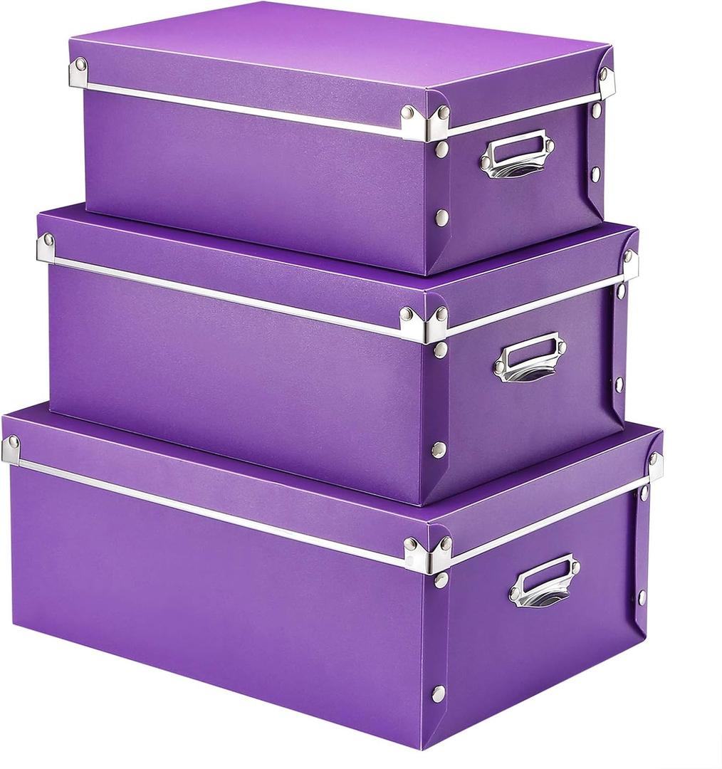 SEEKIND Storage Box, Decorative Storage Bins with Lid,3 in 1 Set,Press-Stud Fastening,Moisture-proof,Foldable for Space Saving Storage,for Clothes, Cosmetic,Blankets (Purple)
