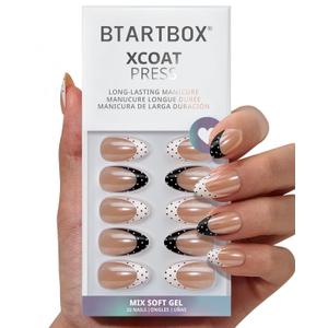 BTArtbox Press On Nails Short - Kismet Duo, Lamp-Curable Polka Dot Chrome French Tip Almond Press On Nails with Glue and Adhesive Tabs for Women in 16 Sizes - 32 Nails All-in-One Kit