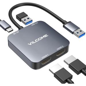 vilcome USB to HDMI Adapter, USB 3.0 to Dual HDMI Adapter with USB 3.0 Port, Audio Video Graphics Converter Cable for Laptop Monitor Desktop TV, Compatible with Mac OS, Windows, Grey