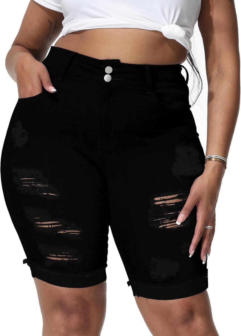 Womens Plus Size Jean Shorts Stretchy High Waisted Ripped Roll Hem Denim Bermuda Shorts 10" Inseam (Black-063), Size 16W