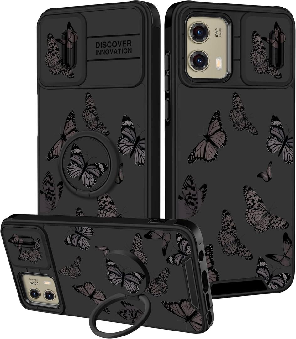 for Moto G Stylus 5G 2024 Case - Women Girls Cute Phone Cover Girly Pretty Aesthetic Black Butterfly Unique Design with Camera Cover and Ring Stand Funda for Motorola G Stylus 5G 2024