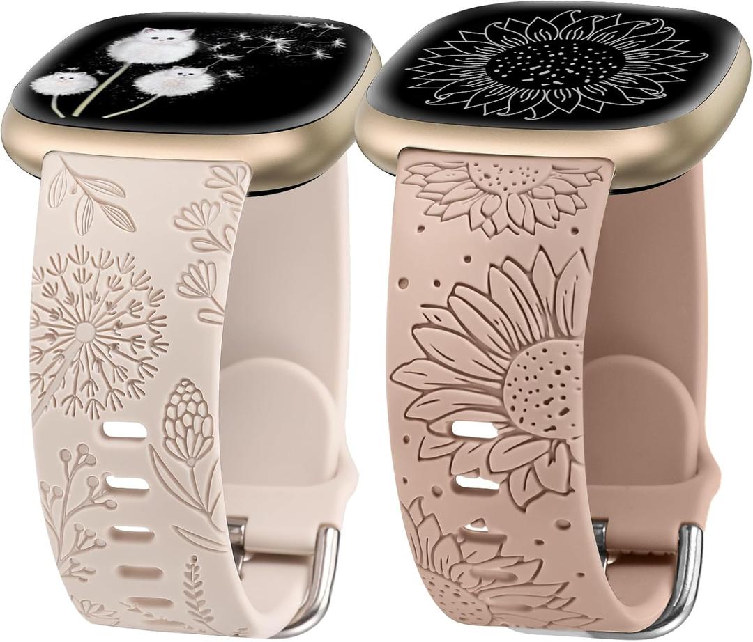 Minyee 2 Packs Floral Engraved Band Compatible with Fitbit Versa 4/Versa 3/Sense 2/Sense Band Women, Cute Silicone Dandelion Sunflower Design Soft Sport Fancy Summer Strap for Versa 4 (Starlight & Nude)