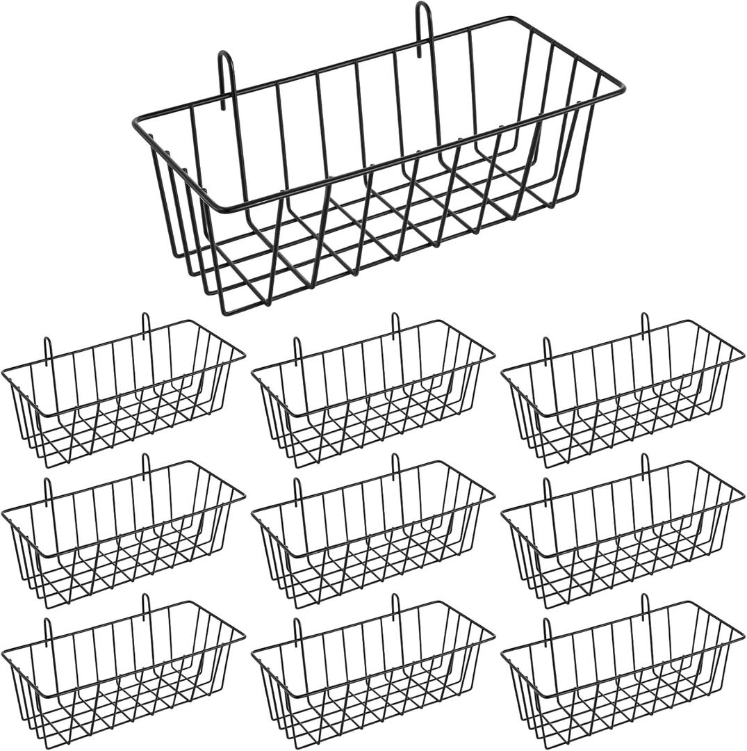 10 PCS Wall Grid Panel Hanging Wire Basket, Storage and Display Basket, No Drilling Wall Hanging Baskets, Grid Walls Accessory, for Kitchen Bathroom Home Decor Supplies, Black