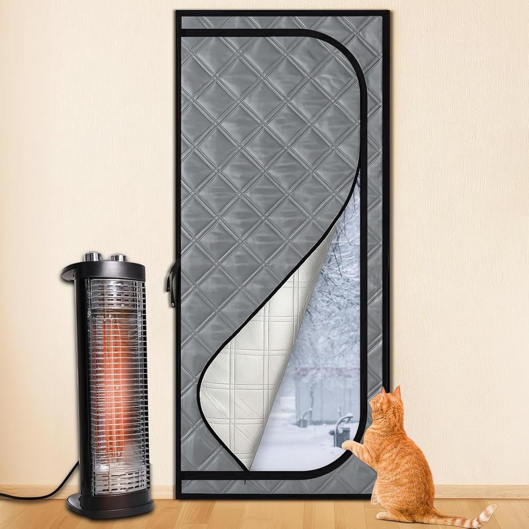 Thermal Screen Door Cover Zipper Closure Fit 32''x 80'' for Cat Dog Winter Insulated Screen Door Curtain Barrier Indoor, Weatherproof, Soundproof, Keep Cold Air Out(Side U Shape)