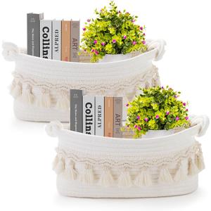 Small Woven Baskets for Storage, Toilet Paper Storage Baskets for Organizing Decorative Empty Gift Basket for Bathroom Bedroom Nursery (12.5"x6.5"x5"/2 Pack, White)