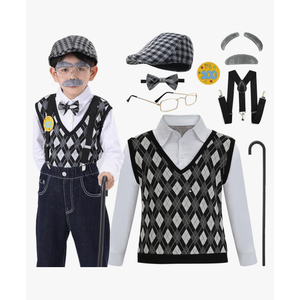 Old Man Costume for Boys 100th Day of School Kids Grandpa Old Person Outfit with Hat