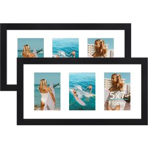 10x20 Picture Frame with Tempered Glass, 5x7 Picture Frame Collage, Display Three 5x7 Photos with Mat or 10 x 20 Pictures without Mat - Horizontal or Vertical Wall Mounting, 2 Pack, Black