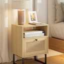 Rattan Nightstand, Boho Night Stand Farmhouse Wood Bedside Table with Storage and Open Shelf, End Side Accent Table for Bedroom, Living Room, Oak, Normal