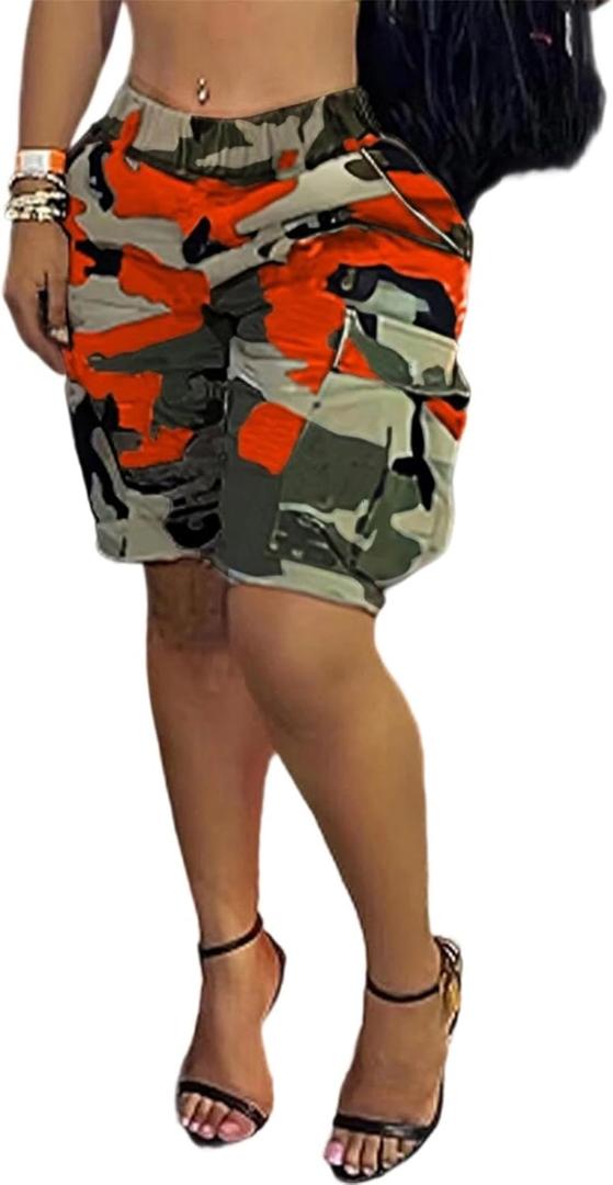 Famnbro Women Camo Shorts Slim Fit Camouflage Cargo Shorts Casual Army Fatigue Shorts with Pockets (Orange, Large)
