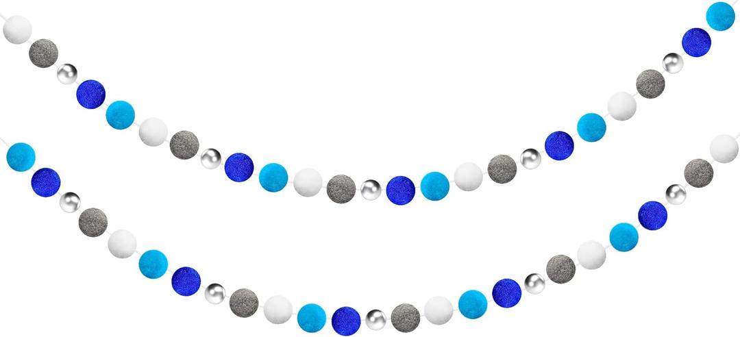 2 Pcs Hanukkah Decorations,Hanukkah Pom Pom Garland Blue Dark Blue Grey White Felt Ball Silver Bead String for Jewish Party Indoor Outdoor Hanging Chanukah Decoration Supplies