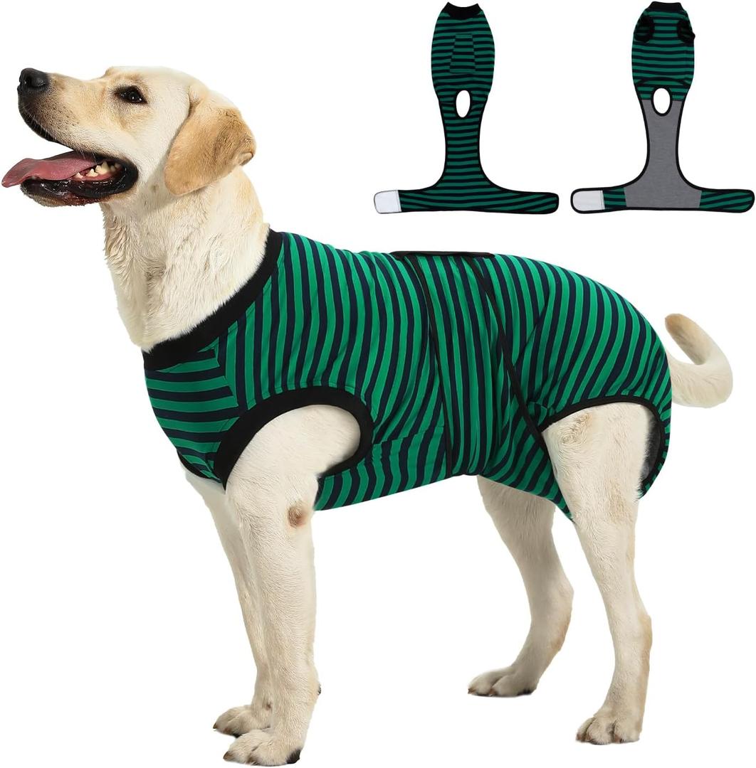 Recovery Suit for Dogs Cats After Surgery, E-Collar & Cone Alternative Surgical Suit, Prevent Licking Dog Onesies Pet Surgery Recovery Suit Soft Dog Bodysuit, Green Navy Stripes, L (L (Back:16.1-20.1'', Weight:23-48 LB))
