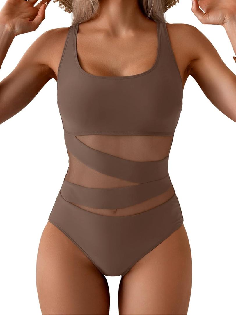 B2prity Women's Mesh One Piece Swimsuit Tummy Control Sexy Bathing Suit Push Up Swim Suit Slimming Swimwear (Medium, Brown)