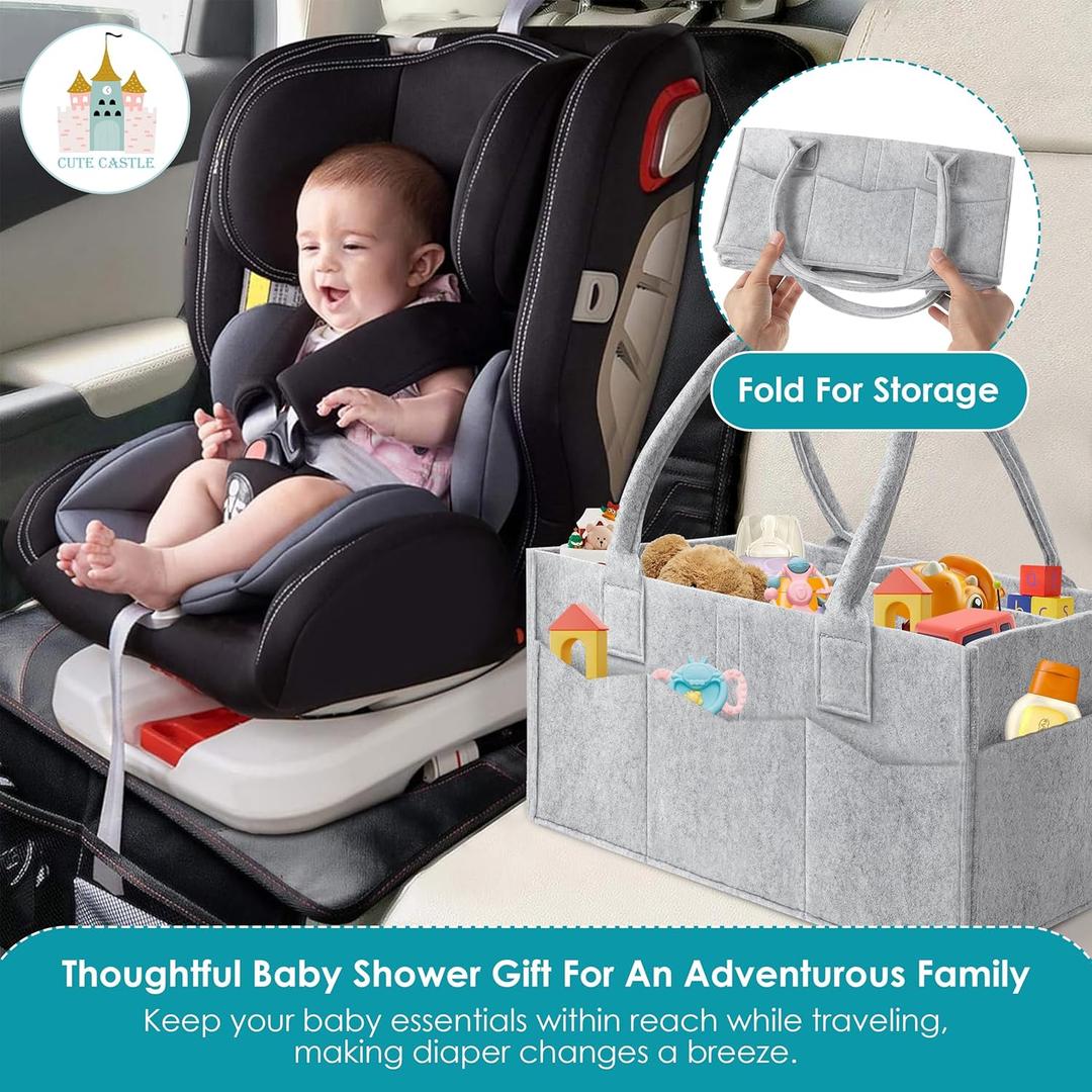 Cute Castle Pack Diaper Caddy Organizer - Portable Baby Caddy Organizer with Handle, Nursery Storage Bin and Car Organizer for Girls, Boys - Baby Gift Basket - Grey