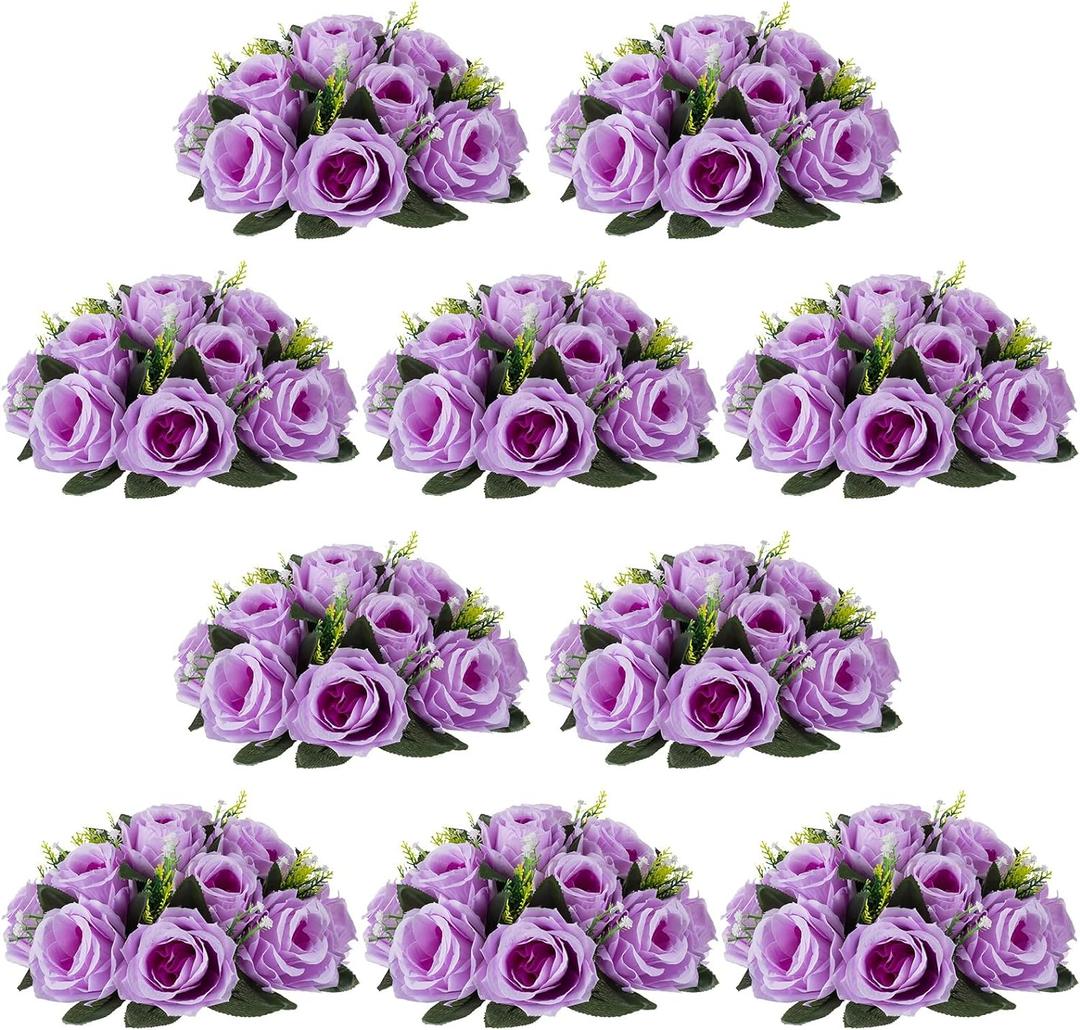 NUPTIO Artificial Flower Centrepieces for Tables - 10 Pcs Lilac Fake Flowers Roses Balls 9.5in Diameter - Silk Faux Rose Arrangement for Wedding Party Centerpiece Table Decor (10 Pcs, Lilac)