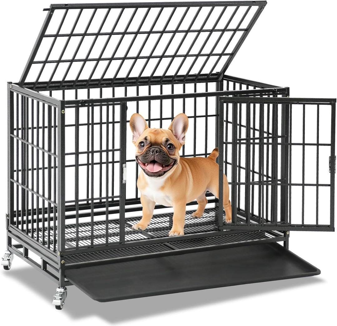Homey Pet 37 inch Stackable Heavy Duty Dog Crate, Indestructible Escape Proof Dogs Cage Kennel with Lockable Wheels, Removable Tray & Metal Grid, Double Doors for High Anxiety Medium/Small Dogs (36.6"L x 22.5"W x 29.1"H)