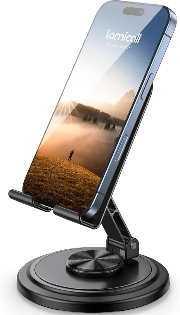 Lamicall Adjustable Phone Stand for Desk - 360 Rotating Foldable Cell Phone Holder Desktop Portable Cellphone Stand, Office Desk Accessories for iPhone 16 15 14 13 Pro Max, 4-10 Smartphones, iPad (Black)
