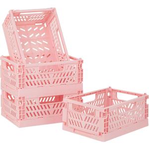 4-Pack Pink Baskets Plastic Storage Crate Small Baskets for Organizing Collapsible Storage Crates for Desk Organizers,Stackable Cute Storage Bins for Classroom,Office,Bathroom 5.9"x 3.9" x 2.3"