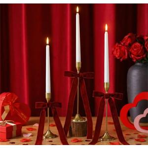 Amyhill 3 Sets Valentines Day Bow Candle Stick Holders with LED Candle and Velvet Red Bows Metal Gold Valentines Taper Holders Modern Decorative Centerpiece for Table Mantel Wedding Gift