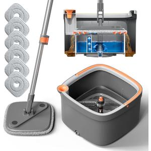 Spin Mop and Bucket Set with 6 Replaceable Microfiber Mop Pads with Self Separation Dirty and Clean Water System, Self Wringing 360° Rotating Square Mop Head for Hardwood Tile Marble Floors