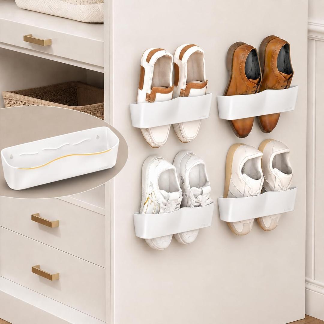 Wall Mounted Shoe Rack, Adhesive & Drill Mount Hanging Shoe Organizer, Plastic Shoe Storage for RV, Camper, Closet & Door, Patent Protected, Patent Protected, White-4Pack