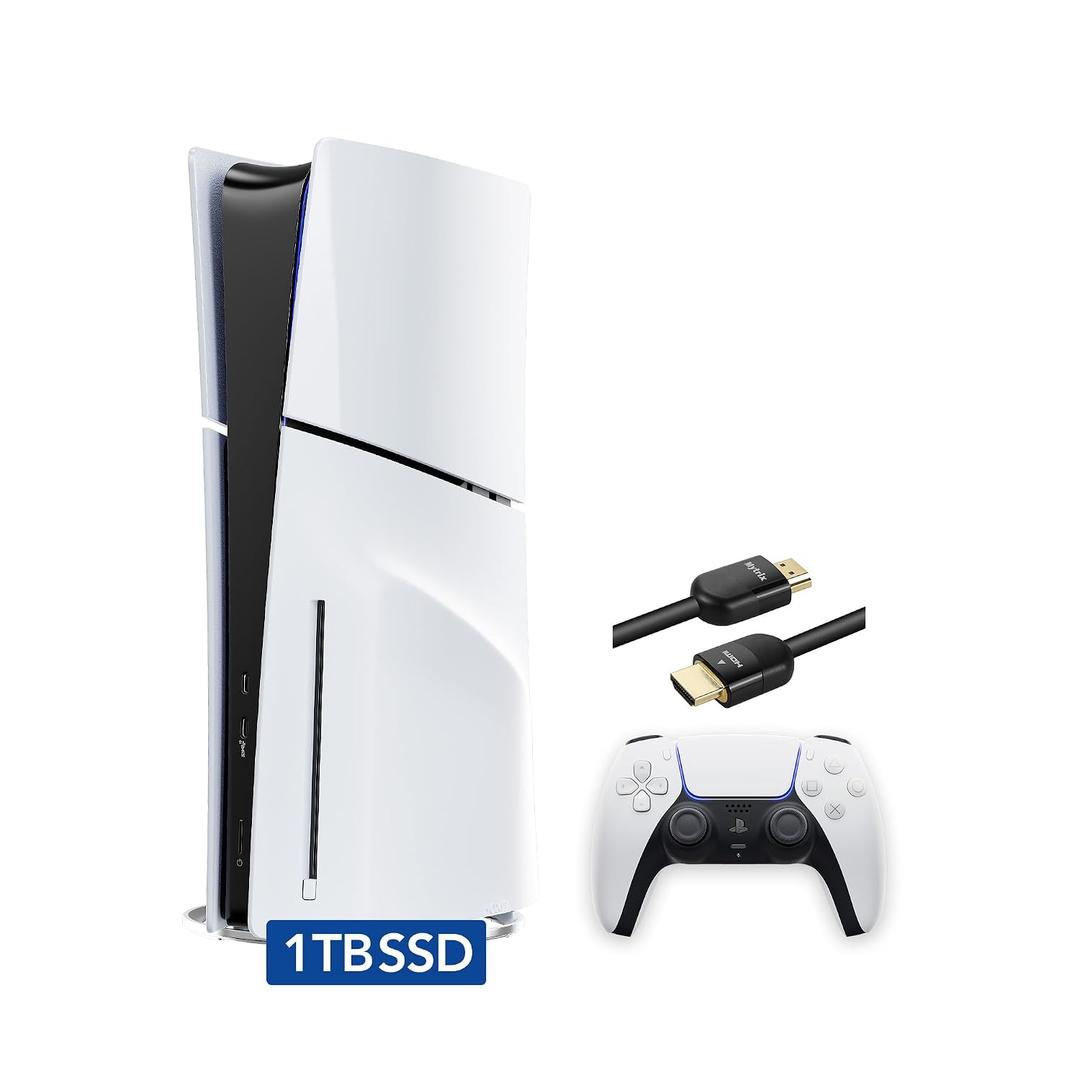PlayStation 5 Slim Disc with 1TB SSD Storage, Wireless Dualsense Controller - PS5 Gaming System, White 