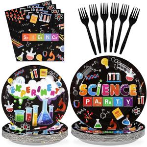 Grencian 96 Pcs Science Party Supplies 350 GSM Science Plates and Napkins Disposable Tableware Set Mad Scientist Dinnerware for Kids Little Scientist Decoration Favors Serves 24