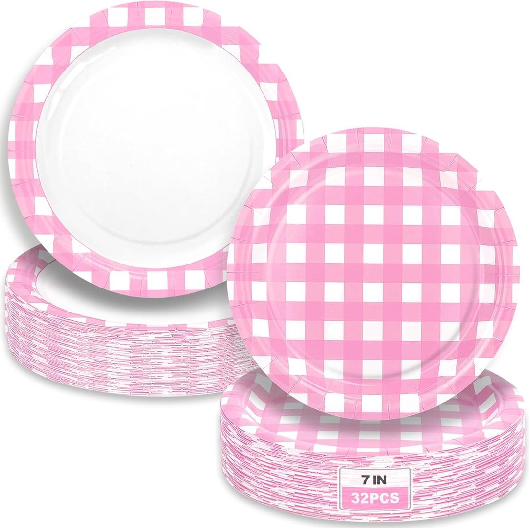 32 Pcs Pink Gingham Party Plates - 7 Inch Checkered Plaid Dessert Plates Disposable Pink and White Paper Plate - For Picnic BBQ Birthday Dinner Party Supplies