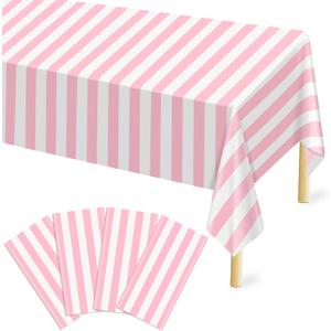 Mulbozy Plastic Table Cloth Disposable 4 Pack, 54  108 Inch Pink and White Stripe Tablecloths, Pink Plastic Table Cover for Carnival, Movie Night, Birthday, Halloween, Christmas Party