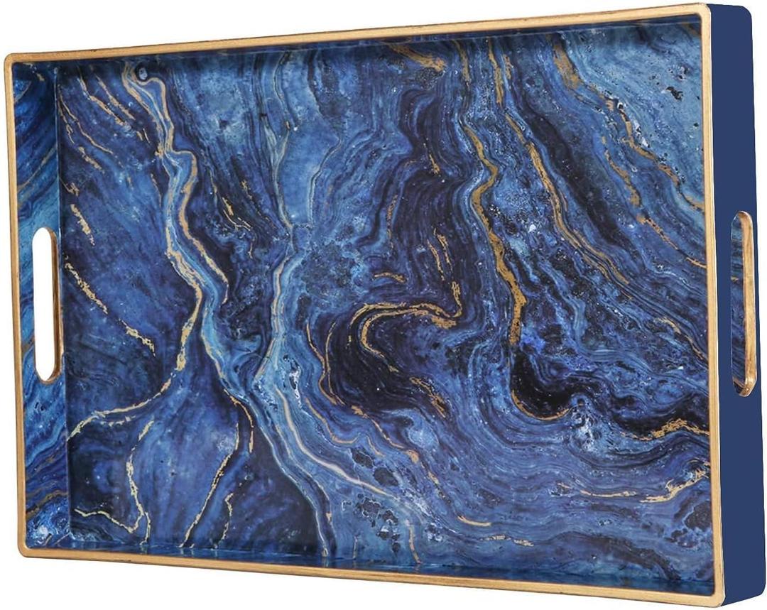 Zosenley Decorative Tray, Marbling Plastic Tray with Handles, Rectangular Vanity Tray and Serving Tray for Bathroom, Kitchen, Ottoman and Coffee Table, 15.6 x 10.2 (Blue)