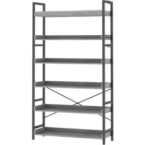 HCHQHS Bookshelf, Adjustable Industrial Bookcase, Vertical Tall Book Shelf, Wood and Black Metal Open Bookshelves for Home Office, Living Room, Bedroom (Grey, 6-Tier (31" W x 70" H))