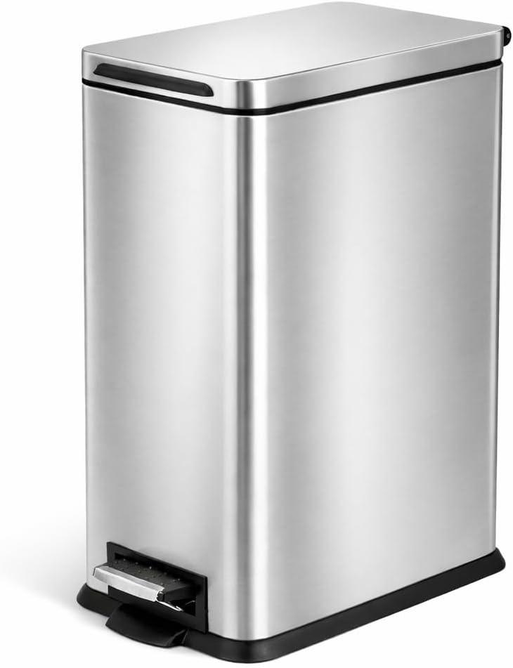 Home Zone Living 4 Gallon Slim Kitchen Can with Soft Close Lid and Step Pedal, Stainless Steel Wastebasket with Removable Liner, Silver