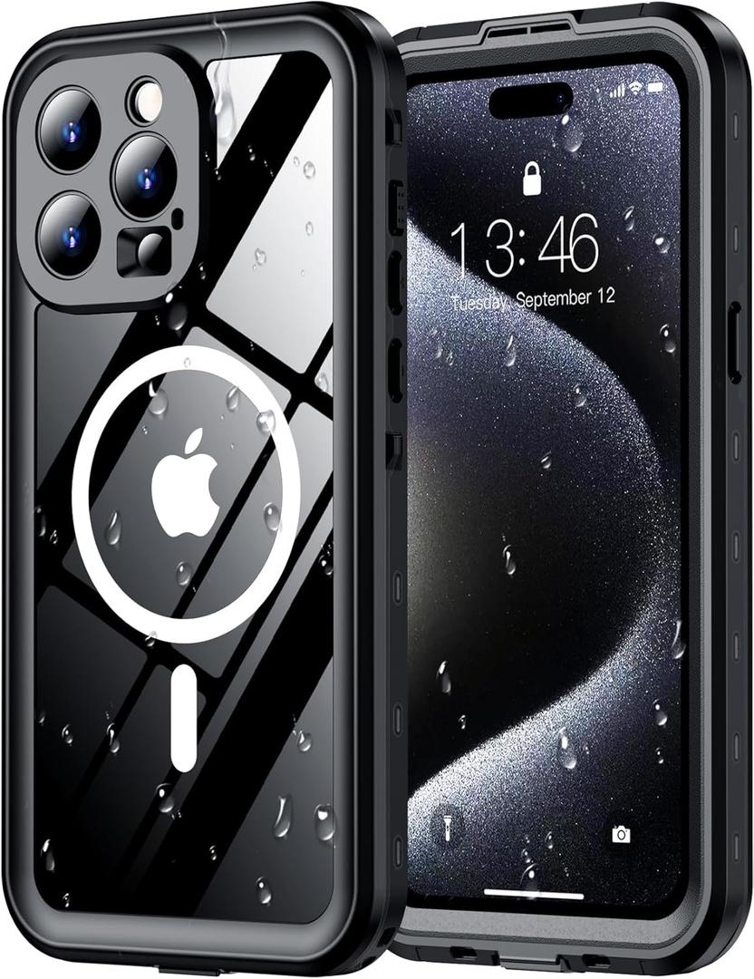 Red2Fire for iPhone 15 Pro Case Waterproof, [Built-in Screen Protector & Camera Protector][Compatible with MagSafe][Full Body Shockproof][IP68 Waterproof][Dustproof] Phone Case 6.1" Black/Clear