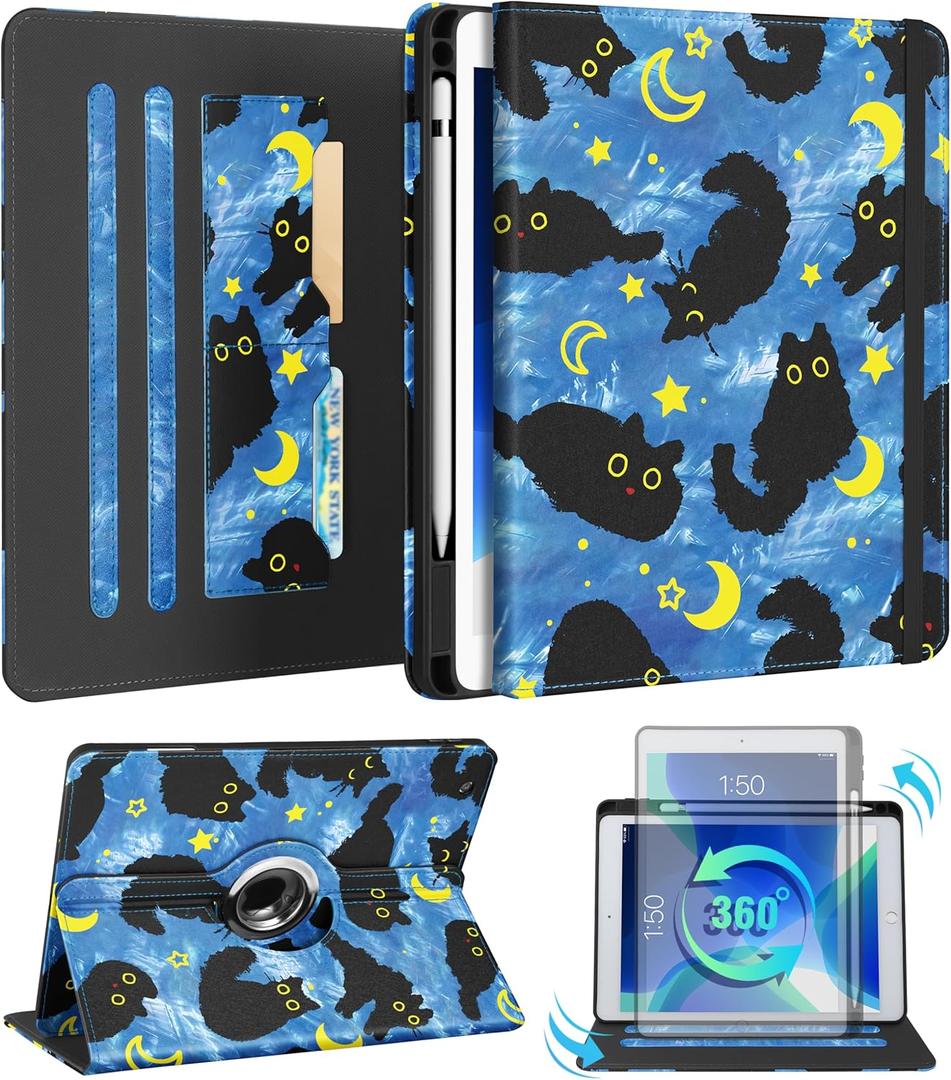 Kidcube for iPad 9th/8th/7th Generation Case 10.2 Inch - for Women Girls Cute Rotating Stand Folio Cover with Pencil Holder & Card Slot Girly Cat Unique Design Blue Teen for iPad 9th/8th/7th Gen Cases