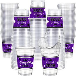 Funnymoom 100 Pcs 16oz 2026 Graduation Cups Disposable Graduation Plastic Cups Class of 2026 Celebration Grad Party Favors(Purple, Black)