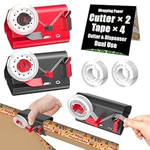 Wraprocut (2-Pack) Wrapping Paper Cutter & Tape Dispenser Dual Function with 4 Tapes Kit for Christmas Gift Wrap Cutter Tool Paper Roll Cutter Holder Tube Sliding Slicing for Birthday holiday packing.